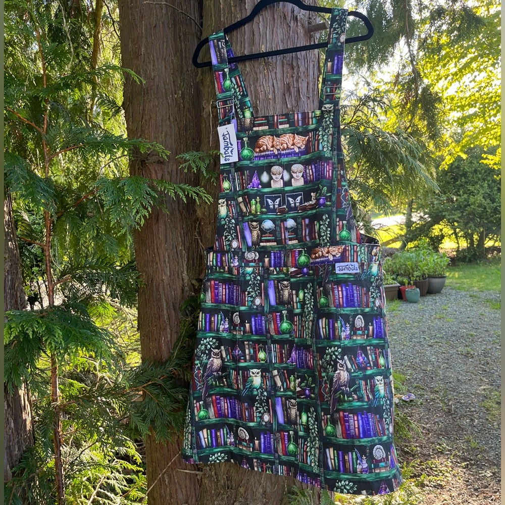 Jambats 📚🦉 🦇🧪 Bookcase Illustration Pinafore Cotton Goth Dress Slow Fashion